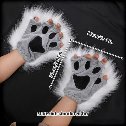 Therian Paws, Cat Paw 1 Pair Half Finger Therian Paws Cute Embroidered Fur Paws Decorative Realistic Paw Gloves for Kids Adults Cosplay Stage, Black Gray.