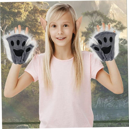 Therian Paws, Cat Paw 1 Pair Half Finger Therian Paws Cute Embroidered Fur Paws Decorative Realistic Paw Gloves for Kids Adults Cosplay Stage, Black Gray.