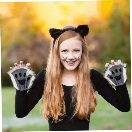 Therian Paws, Cat Paw 1 Pair Half Finger Therian Paws Cute Embroidered Fur Paws Decorative Realistic Paw Gloves for Kids Adults Cosplay Stage, Black Gray.