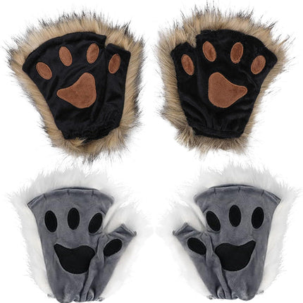 Therian Paws, Cat Paw 1 Pair Half Finger Therian Paws Cute Embroidered Fur Paws Decorative Realistic Paw Gloves for Kids Adults Cosplay Stage, Black Gray.