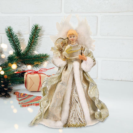 Christmas Tree Angel Topper with White Feather Wings Decorative Ornament.