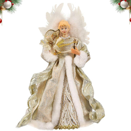 Christmas Tree Angel Topper with White Feather Wings Decorative Ornament.