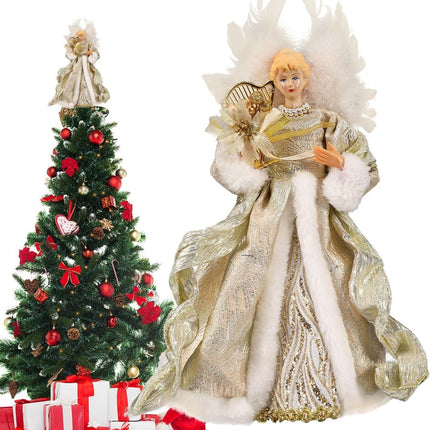 Christmas Tree Angel Topper with White Feather Wings Decorative Ornament.