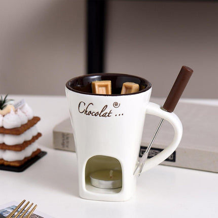 Tealight Fondue Set, Ceramic Melting Pot for Chocolate and Dessert Beige.