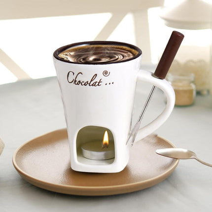 Tealight Fondue Set, Ceramic Melting Pot for Chocolate and Dessert Beige.