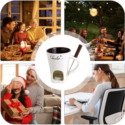 Tealight Fondue Set, Ceramic Melting Pot for Chocolate and Dessert Beige.