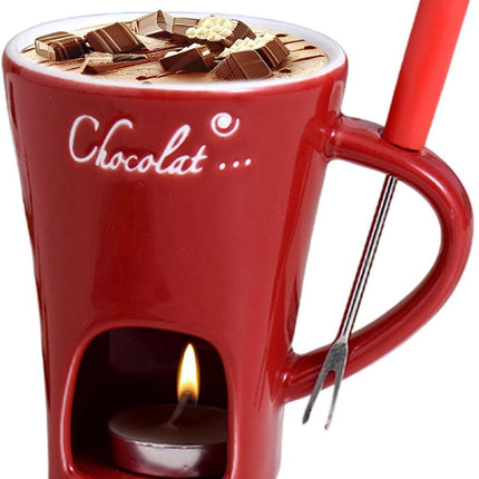 Tealight Fondue Set, Ceramic Melting Pot for Chocolate and Dessert Red.