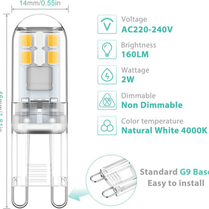 G9 LED Bulbs 1.5W Equivalent to 20W Halogen, 4000K Natural White Light, Non-Dimmable Mini Bulbs, 6-Pack Compatible with MGF.