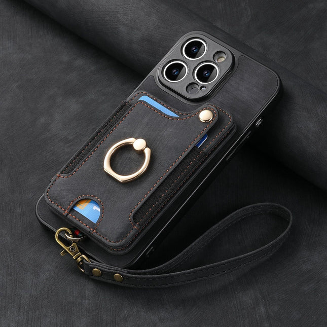Leather RFID Anti-Theft Phone Case with Strap Compatible with iPhone 15 Pro Max Black Card Holder Loop Buckle.