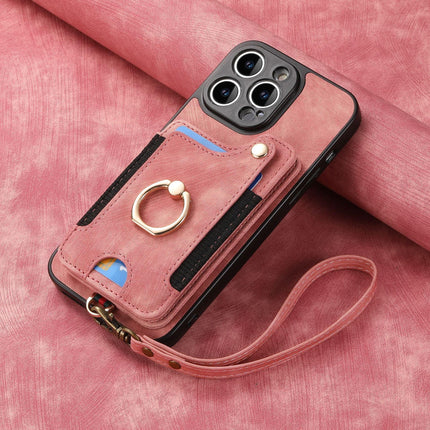 Leather RFID Anti-Theft Phone Case with Strap Compatible with iPhone 15 Pro Max Black Card Holder Loop Buckle.
