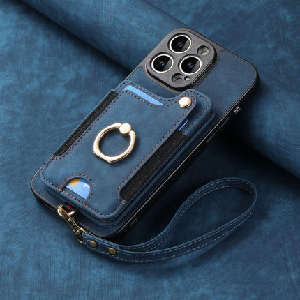 Leather RFID Anti-Theft Phone Case with Strap Compatible with iPhone 15 Pro Max Black Card Holder Loop Buckle.