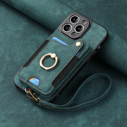 Leather RFID Anti-Theft Phone Case with Strap Compatible with iPhone 15 Pro Max Black Card Holder Loop Buckle.