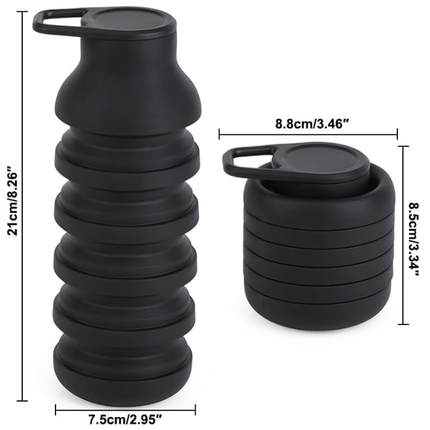 Collapsible Water Bottles, Reusable Water Bottle with Buckle, 600ml Silicone Leakproof Portable Bottle for Gym Camping Hiking Sports Outdoors, Travel Essentials for Flying Cruise Ship, Black.