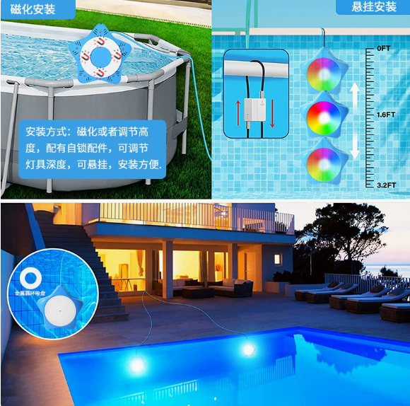 LED swimming pool light, supports APP control, 10W, 150mm diameter, 108 LED beads, dimmable underwater light, IP68 waterproof, 12V color-changing pool light, suitable for above-ground swimming pools..