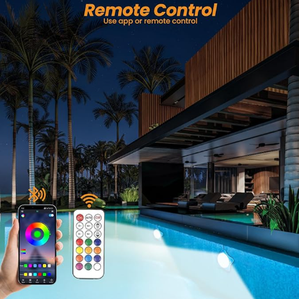 LED swimming pool light, supports APP control, 10W, 150mm diameter, 108 LED beads, dimmable underwater light, IP68 waterproof, 12V color-changing pool light, suitable for above-ground swimming pools..