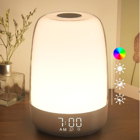 Touch Wake Up Night Light with Sunrise Simulation Alarm Clock, 3 Ways Dimmable Warm White Bedside Lamp for Kid Bedrooms RGB Ambient Table Nightstand Light,Sleep Aid Snooze Timer Mode.