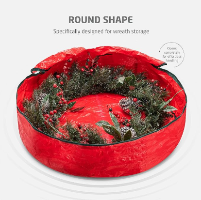 Christmas Wreath Storage Container 24 Inch - Wreath Bag for Artificial Wreaths Box - Dual Zippered Wreaths Storage Bag with Strong Durable Handles - Red.