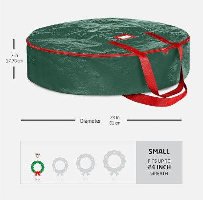 Christmas Wreath Storage Container 24 Inch - Wreath Bag for Artificial Wreaths Box - Dual Zippered Wreaths Storage Bag with Strong Durable Handles - Green.