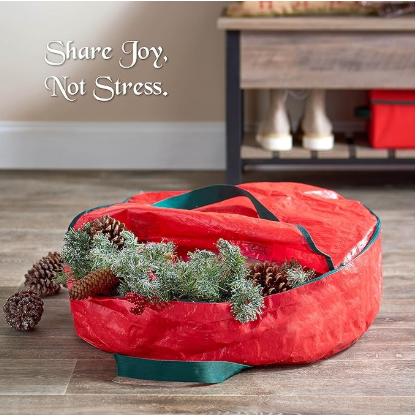 Christmas Wreath Storage Container 30 Inch - Wreath Bag for Artificial Wreaths Box - Dual Zippered Wreaths Storage Bag with Strong Durable Handles - Red.