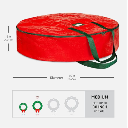 Christmas Wreath Storage Container 30 Inch - Wreath Bag for Artificial Wreaths Box - Dual Zippered Wreaths Storage Bag with Strong Durable Handles - Red.
