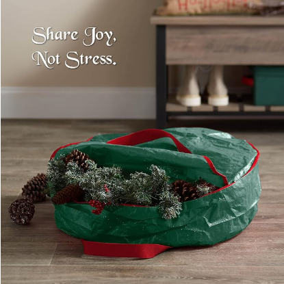 Christmas Wreath Storage Container 30 Inch - Wreath Bag for Artificial Wreaths Box - Dual Zippered Wreaths Storage Bag with Strong Durable Handles - Green.