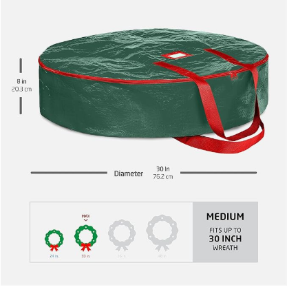 Christmas Wreath Storage Container 30 Inch - Wreath Bag for Artificial Wreaths Box - Dual Zippered Wreaths Storage Bag with Strong Durable Handles - Green.