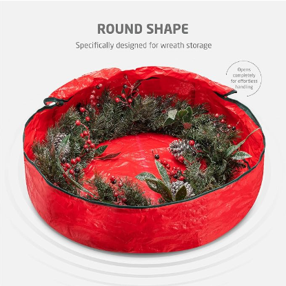 Christmas Wreath Storage Container 36 Inch - Wreath Bag for Artificial Wreaths Box - Dual Zippered Wreaths Storage Bag with Strong Durable Handles - Red.