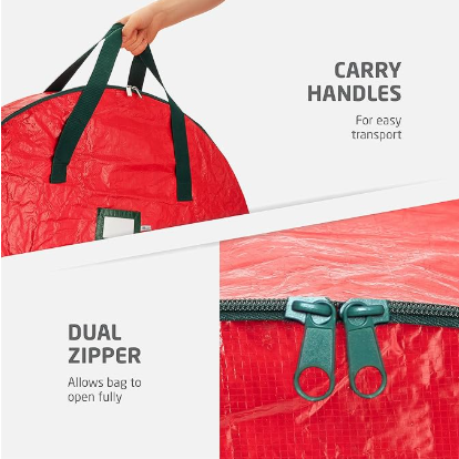 Christmas Wreath Storage Container 36 Inch - Wreath Bag for Artificial Wreaths Box - Dual Zippered Wreaths Storage Bag with Strong Durable Handles - Red.