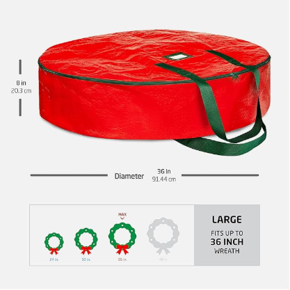 Christmas Wreath Storage Container 36 Inch - Wreath Bag for Artificial Wreaths Box - Dual Zippered Wreaths Storage Bag with Strong Durable Handles - Red.