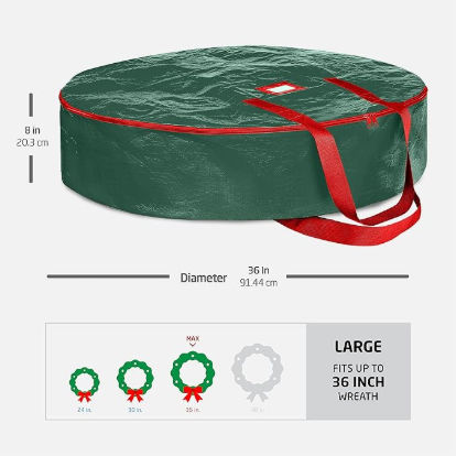 Christmas Wreath Storage Container 36 Inch - Wreath Bag for Artificial Wreaths Box - Dual Zippered Wreaths Storage Bag with Strong Durable Handles - Green.