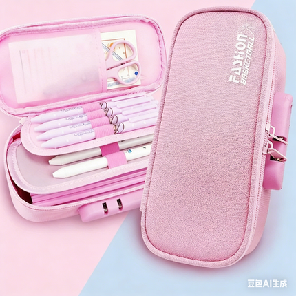 Large Capacity Pencil Case with 4 Compartments Canvas Pen Pouches Multilayer Pen Organizers Bag Oxford Fabric Pencil(pink).