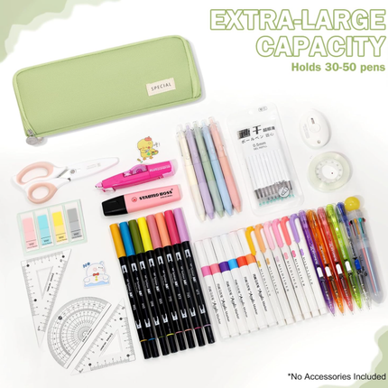 Large Capacity Pencil Case 3 Compartment Pouch Pen Bag for School Teen Girl Boy Men Women (Green).