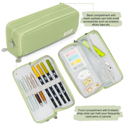 Large Capacity Pencil Case 3 Compartment Pouch Pen Bag for School Teen Girl Boy Men Women (Green).