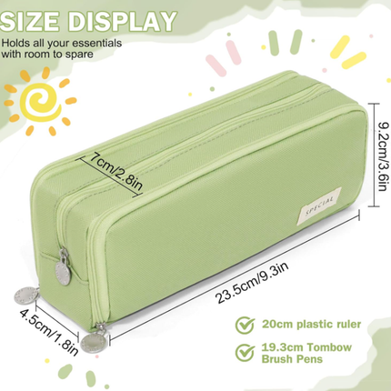 Large Capacity Pencil Case 3 Compartment Pouch Pen Bag for School Teen Girl Boy Men Women (Green).