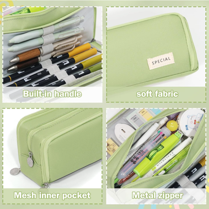 Large Capacity Pencil Case 3 Compartment Pouch Pen Bag for School Teen Girl Boy Men Women (Green).