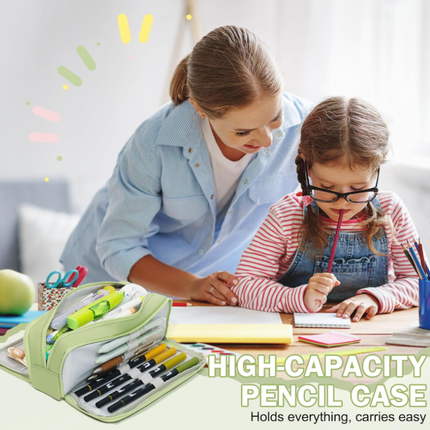 Large Capacity Pencil Case 3 Compartment Pouch Pen Bag for School Teen Girl Boy Men Women (Green).