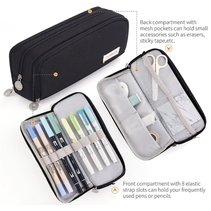 Large Capacity Pencil Case 3 Compartment Pouch Pen Bag for School Teen Girl Boy Men Women (Black).