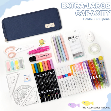 Large Capacity Pencil Case 3 Compartment Pouch Pen Bag for School Teen Girl Boy Men Women (Navy).
