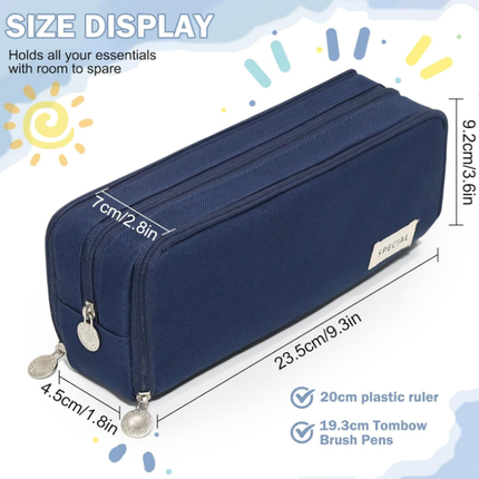 Large Capacity Pencil Case 3 Compartment Pouch Pen Bag for School Teen Girl Boy Men Women (Navy).