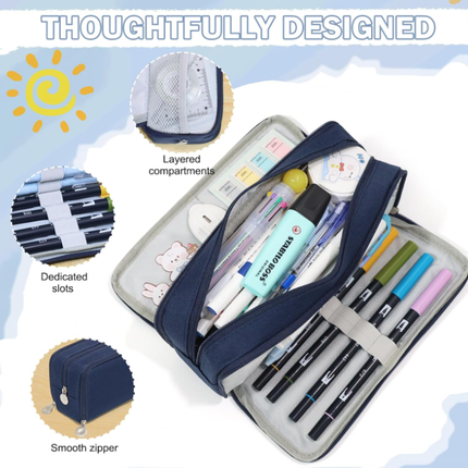 Large Capacity Pencil Case 3 Compartment Pouch Pen Bag for School Teen Girl Boy Men Women (Navy).