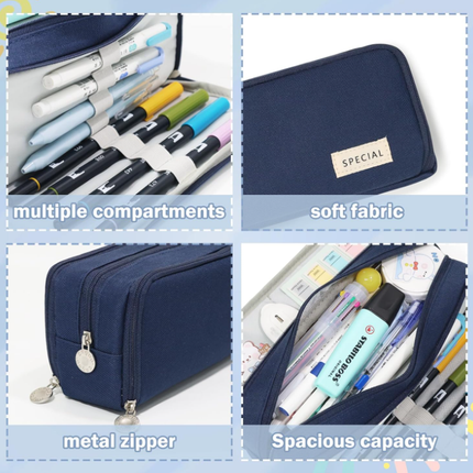 Large Capacity Pencil Case 3 Compartment Pouch Pen Bag for School Teen Girl Boy Men Women (Navy).
