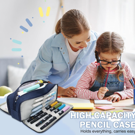 Large Capacity Pencil Case 3 Compartment Pouch Pen Bag for School Teen Girl Boy Men Women (Navy).