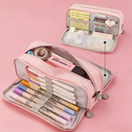 Large Capacity Pencil Case 3 Compartment Pouch Pen Bag for School Teen Girl Boy Men Women (Pink).