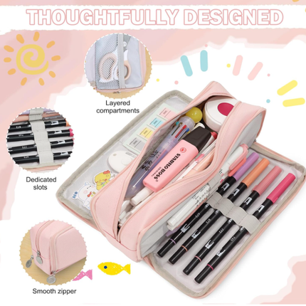 Large Capacity Pencil Case 3 Compartment Pouch Pen Bag for School Teen Girl Boy Men Women (Pink).