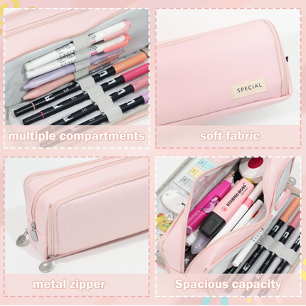 Large Capacity Pencil Case 3 Compartment Pouch Pen Bag for School Teen Girl Boy Men Women (Pink).