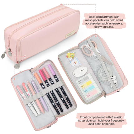 Large Capacity Pencil Case 3 Compartment Pouch Pen Bag for School Teen Girl Boy Men Women (Pink).