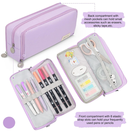 Large Capacity Pencil Case 3 Compartment Pouch Pen Bag for School Teen Girl Boy Men Women (Purple).