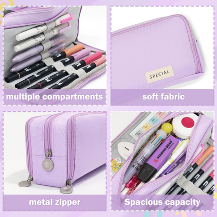 Large Capacity Pencil Case 3 Compartment Pouch Pen Bag for School Teen Girl Boy Men Women (Purple).
