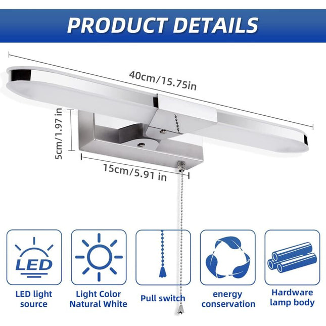 LED Bathroom Mirror Light 40Cm LED Mirror Light Wall Lamp Bathroom Mirror Light With Pull Switch 3000K 920Lm 8W Ip44.