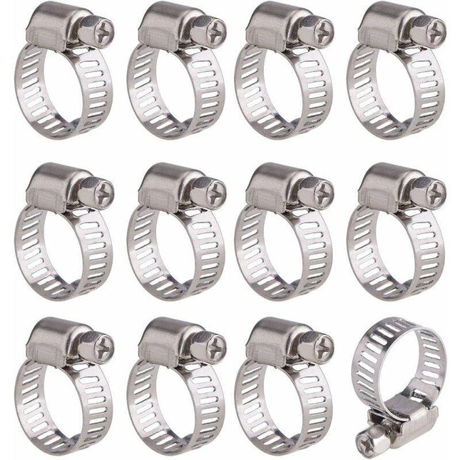 12 pcs Adjustable Stainless Steel Hose Clamp Pipe Clips Fastener (9-16Mm).